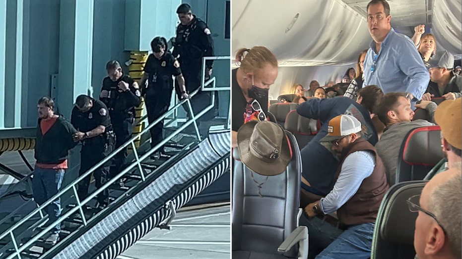 Unruly American Airlines passenger restrained by others after attempting to open emergency door in-flight